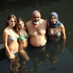 Two white-skinned girls with a European mix hairstyle and a 35-year-old busty Arab Muslim mom, all wearing bikini swimsuits and standing next to each other