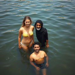 Two white-skinned girls with a European mix hairstyle and a 35-year-old busty Arab Muslim mom, all wearing bikini swimsuits and standing next to each other