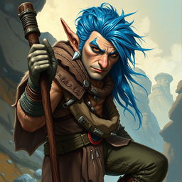 A realistic depiction of an epic Dungeons and Dragons seductive rogue, featuring striking blue ice hair and prominent big sideburns