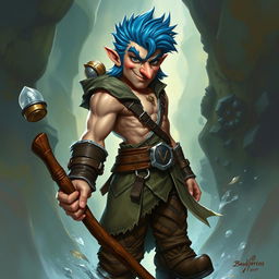 A realistic depiction of an epic Dungeons and Dragons seductive rogue, featuring striking blue ice hair and prominent big sideburns