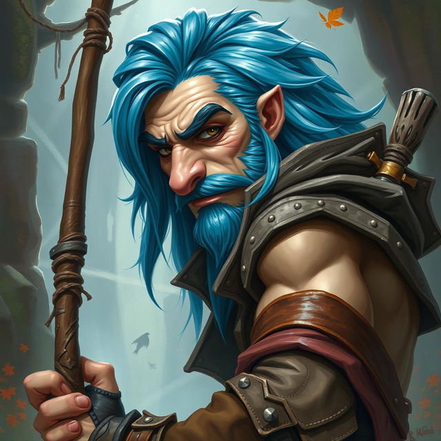 A realistic depiction of an epic Dungeons and Dragons seductive rogue, featuring striking blue ice hair and prominent big sideburns