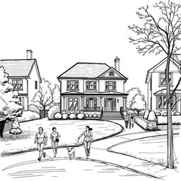 A sketch of a middle-upper class housing neighborhood, featuring an elegant yet unpretentious house among others that look similar