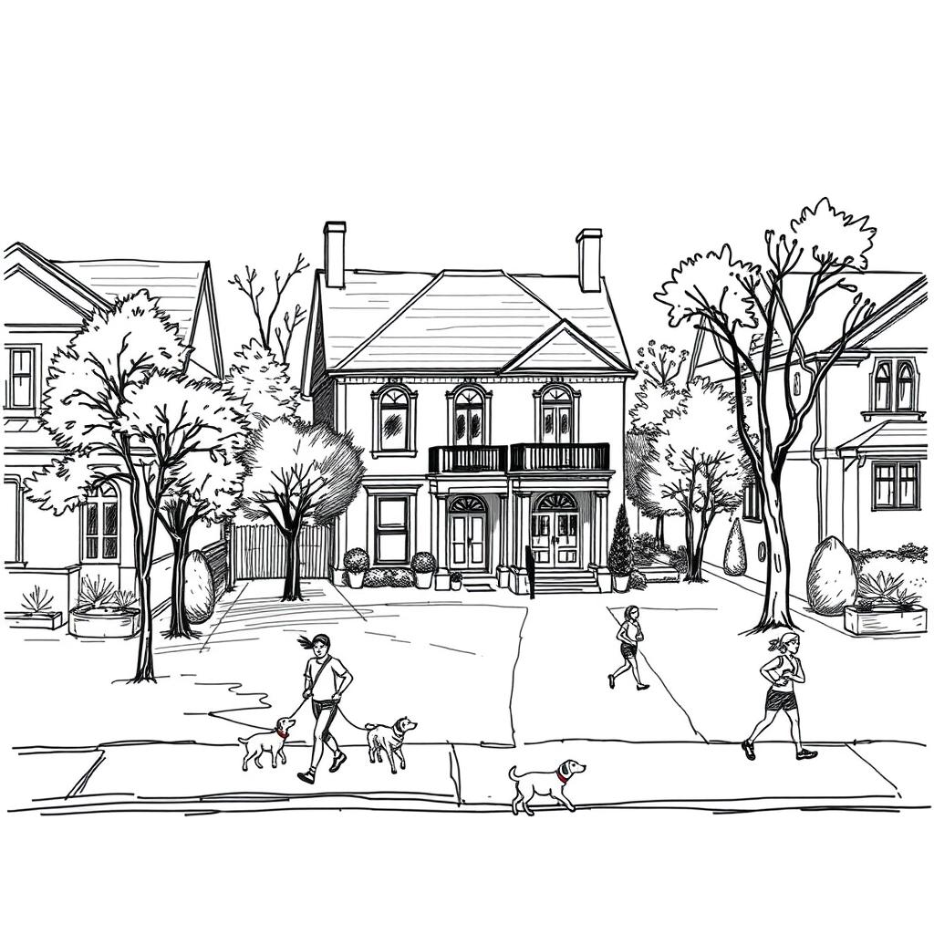 A sketch of a middle-upper class housing neighborhood, featuring an elegant yet unpretentious house among others that look similar