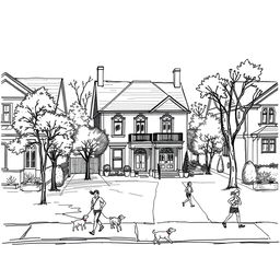 A sketch of a middle-upper class housing neighborhood, featuring an elegant yet unpretentious house among others that look similar