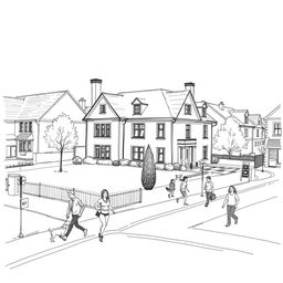 A sketch of a middle-upper class housing neighborhood, featuring an elegant yet unpretentious house among others that look similar