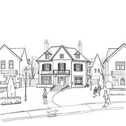 A sketch of a middle-upper class housing neighborhood, featuring an elegant yet unpretentious house among others that look similar