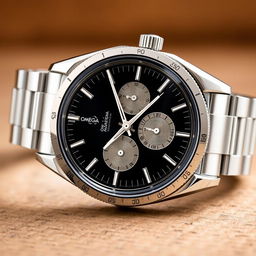 a luxurious and iconic watch inspired by the Omega Moonwatch, featuring a classic chronograph design with a black dial, bold white indices, and intricate chrono subdials