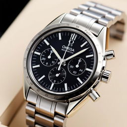 a luxurious and iconic watch inspired by the Omega Moonwatch, featuring a classic chronograph design with a black dial, bold white indices, and intricate chrono subdials