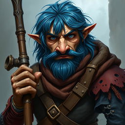 A realistic depiction of an epic Dungeons and Dragons rogue, distinguished by blue ice hair and prominent big sideburns