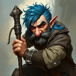 A realistic depiction of an epic Dungeons and Dragons rogue, distinguished by blue ice hair and prominent big sideburns