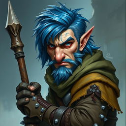 A realistic depiction of an epic Dungeons and Dragons rogue, distinguished by blue ice hair and prominent big sideburns