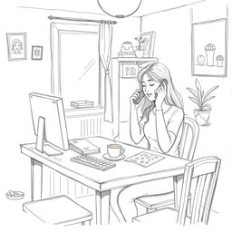 A pencil sketch of a modest dining room featuring Belén, a 35-year-old woman, eating a toast while checking her email on a computer and talking on the phone