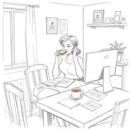 A pencil sketch of a modest dining room featuring Belén, a 35-year-old woman, eating a toast while checking her email on a computer and talking on the phone