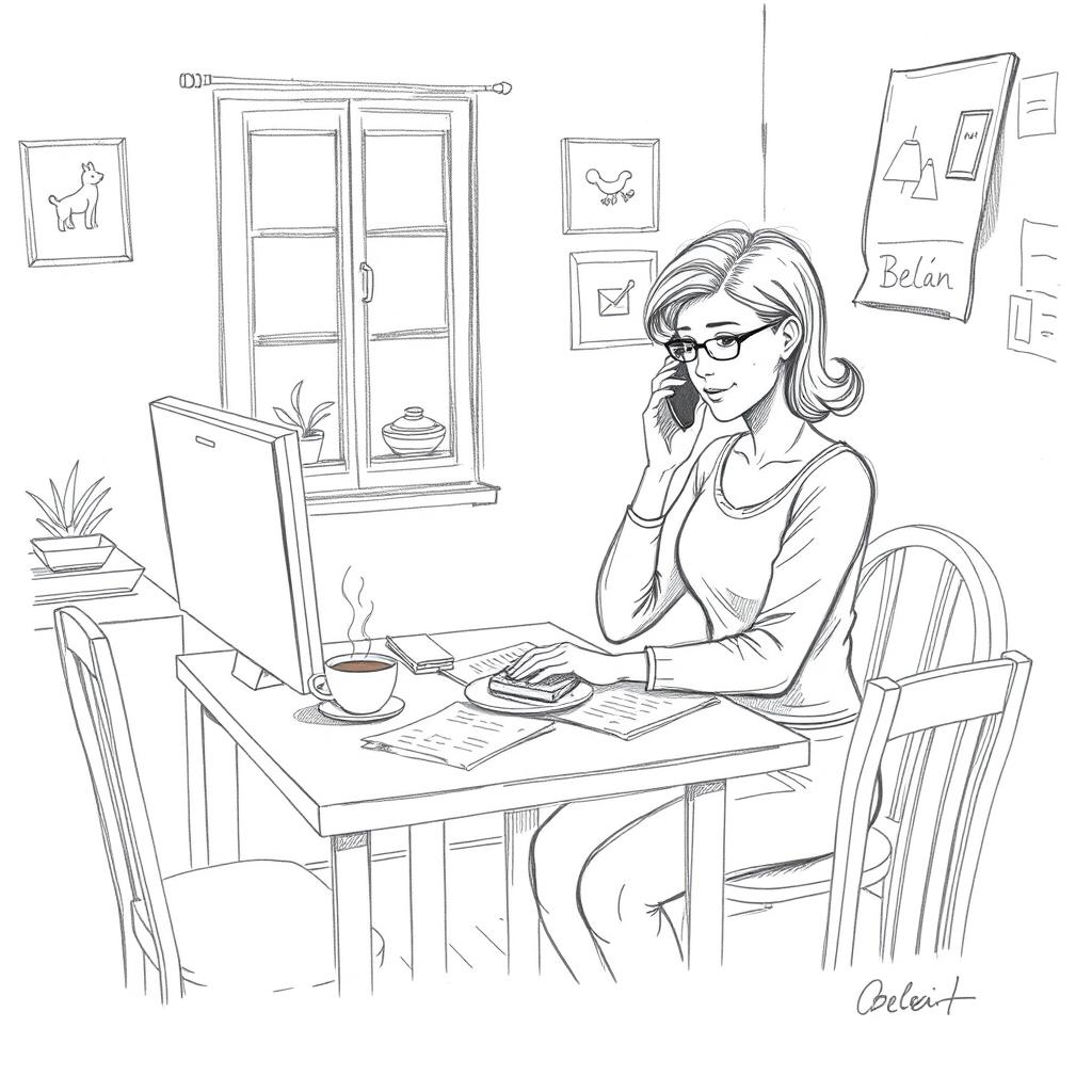 A pencil sketch of a modest dining room featuring Belén, a 35-year-old woman, eating a toast while checking her email on a computer and talking on the phone