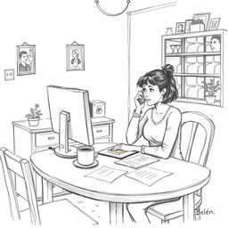 A pencil sketch of a modest dining room featuring Belén, a 35-year-old woman, eating a toast while checking her email on a computer and talking on the phone