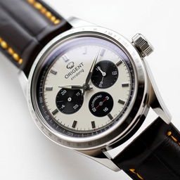 a vintage-inspired watch drawing from the Orient Panda design, showcasing a striking panda-style dial with a black and white color scheme