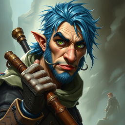 A realistic depiction of an epic Dungeons and Dragons rogue, distinguished by blue ice hair and prominent big sideburns