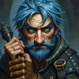 A realistic depiction of an epic Dungeons and Dragons rogue, distinguished by blue ice hair and prominent big sideburns