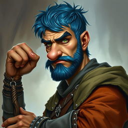 A realistic depiction of an epic Dungeons and Dragons rogue, distinguished by blue ice hair and prominent big sideburns