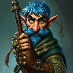 A realistic depiction of an epic Dungeons and Dragons rogue, distinguished by blue ice hair and prominent big sideburns