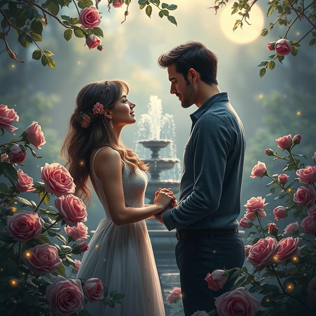 A romantic and enchanting scene of a couple sharing an intimate moment in a serene garden, surrounded by blooming roses and soft moonlight