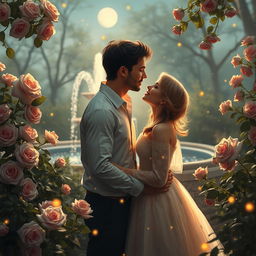 A romantic and enchanting scene of a couple sharing an intimate moment in a serene garden, surrounded by blooming roses and soft moonlight