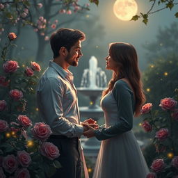 A romantic and enchanting scene of a couple sharing an intimate moment in a serene garden, surrounded by blooming roses and soft moonlight