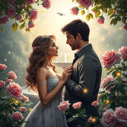 A romantic and enchanting scene of a couple sharing an intimate moment in a serene garden, surrounded by blooming roses and soft moonlight