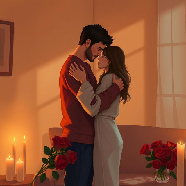 A warm and tender depiction of love, featuring two people embracing in a cozy, intimate setting