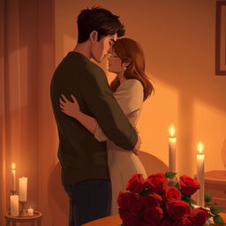 A warm and tender depiction of love, featuring two people embracing in a cozy, intimate setting