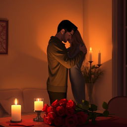 A warm and tender depiction of love, featuring two people embracing in a cozy, intimate setting