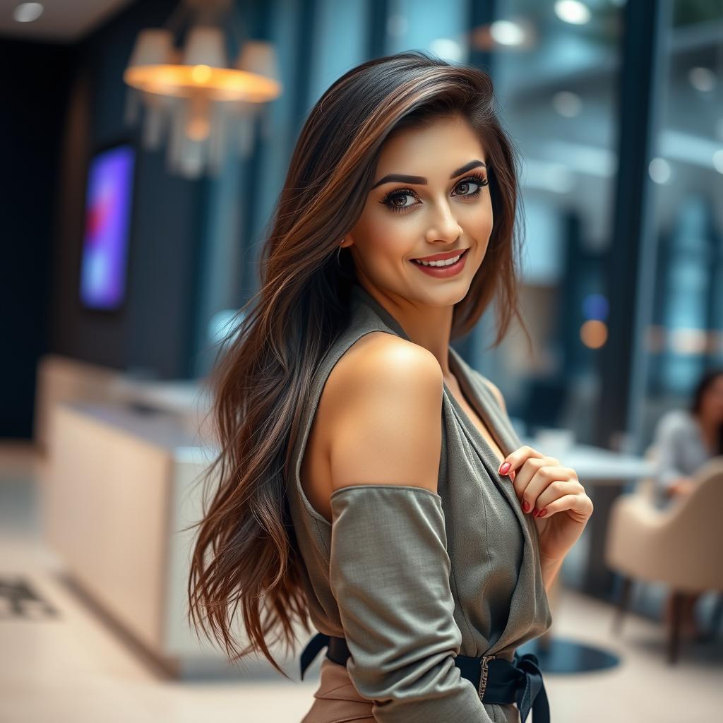 a captivating and alluring young woman with a confident pose, wearing a stylish outfit that accentuates her charm, set against an elegant and modern background, the atmosphere exuding sophistication and allure with her mesmerizing eyes and enchanting smile