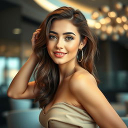 a captivating and alluring young woman with a confident pose, wearing a stylish outfit that accentuates her charm, set against an elegant and modern background, the atmosphere exuding sophistication and allure with her mesmerizing eyes and enchanting smile