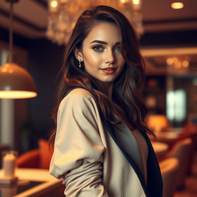 a captivating and alluring young woman with a confident pose, wearing a stylish outfit that accentuates her charm, set against an elegant and modern background, the atmosphere exuding sophistication and allure with her mesmerizing eyes and enchanting smile