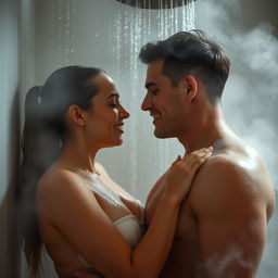 a sensual couple taking a shower together, steam filling the shower and creating a misty atmosphere, water droplets glistening on their skin, a feeling of intimacy and warmth, tender interactions, both relaxed and enjoying the moment