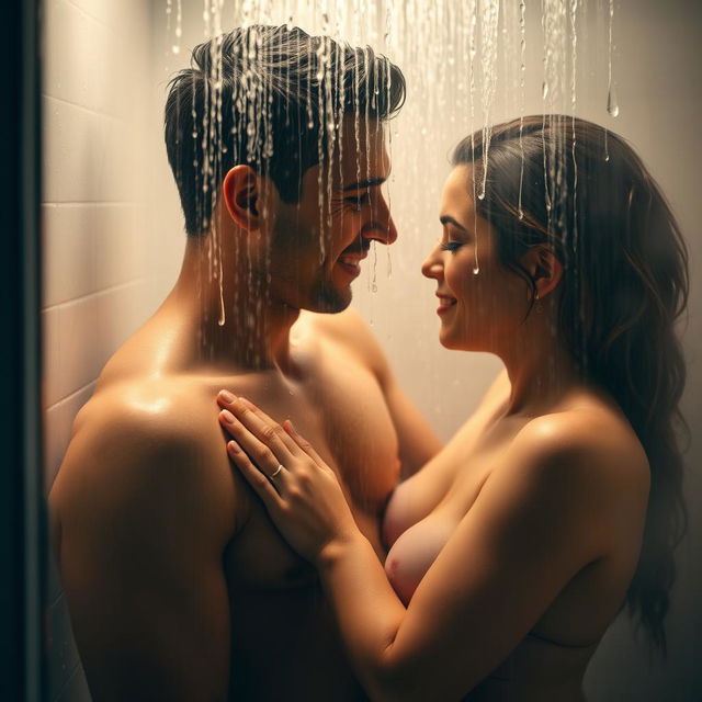 a sensual couple taking a shower together, steam filling the shower and creating a misty atmosphere, water droplets glistening on their skin, a feeling of intimacy and warmth, tender interactions, both relaxed and enjoying the moment