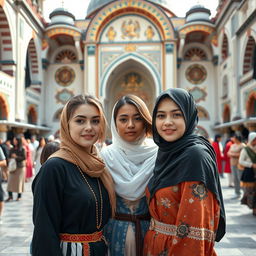 A portrait photography capturing a threesome scene in the courtyard of a mosque, featuring two white-skinned girls with diverse European mix hairstyles