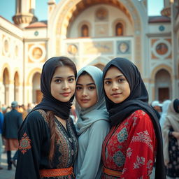 A portrait photography capturing a threesome scene in the courtyard of a mosque, featuring two white-skinned girls with diverse European mix hairstyles
