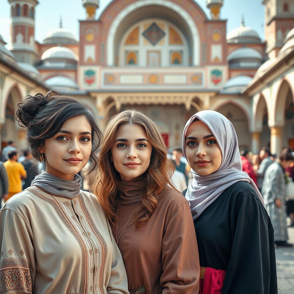 A portrait photography capturing a threesome scene in the courtyard of a mosque, featuring two white-skinned girls with diverse European mix hairstyles