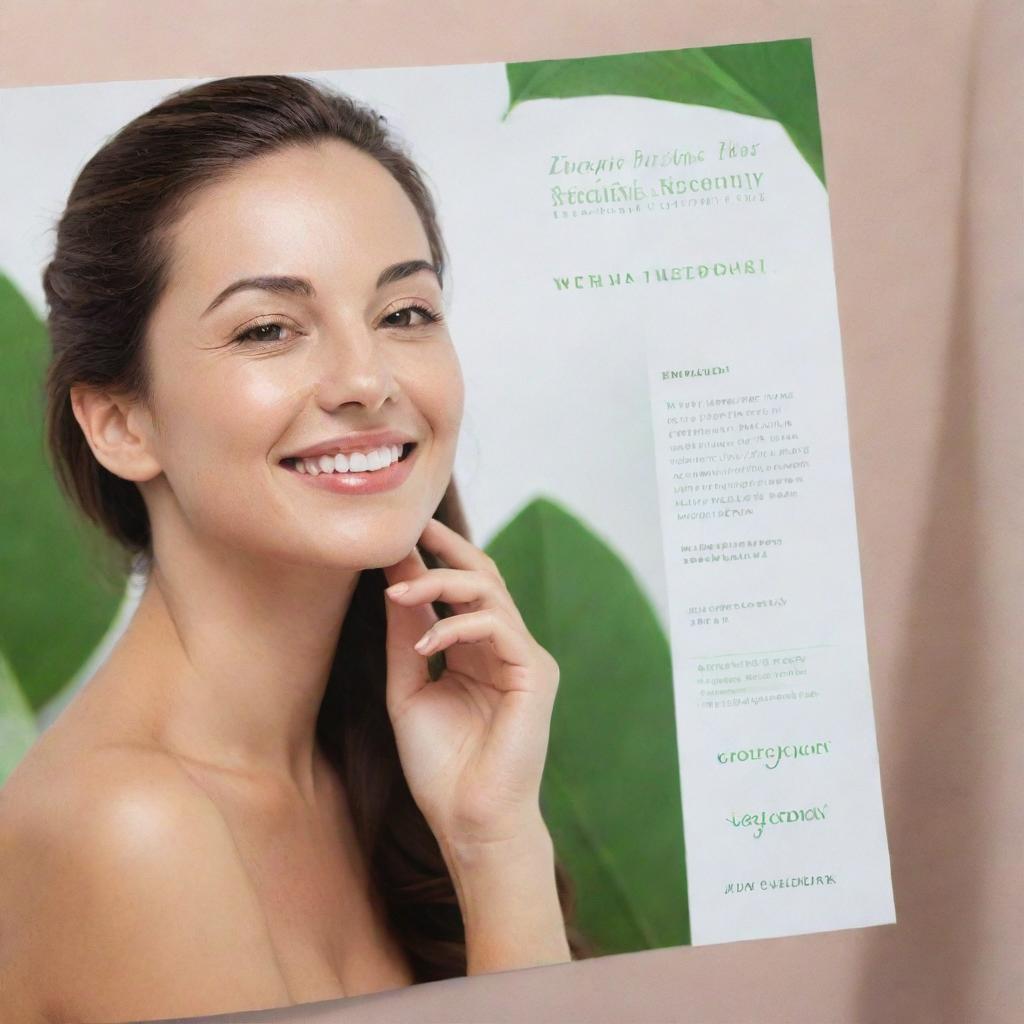 Generate a brochure featuring high-quality images of botanical extracts, essential oils, women with glowing skin, under the tagline 'Discover Radiant Beauty with Her Skin By Kath Melendez'.