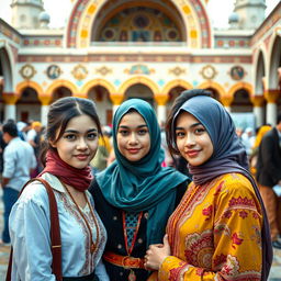 A portrait photography capturing a threesome scene in the courtyard of a mosque, featuring two white-skinned girls with diverse European mix hairstyles