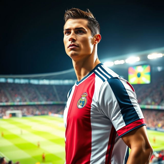 Cristiano Ronaldo confidently standing in a modern football stadium, dressed in his iconic football jersey