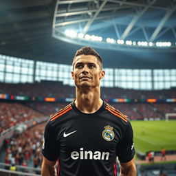 Cristiano Ronaldo confidently standing in a modern football stadium, dressed in his iconic football jersey