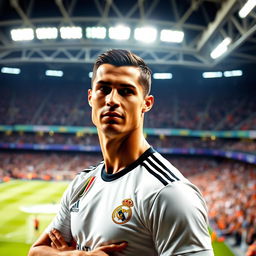 Cristiano Ronaldo confidently standing in a modern football stadium, dressed in his iconic football jersey