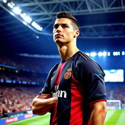 Cristiano Ronaldo confidently standing in a modern football stadium, dressed in his iconic football jersey