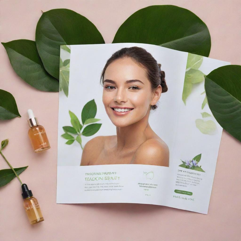 Generate a brochure featuring high-quality images of botanical extracts, essential oils, women with glowing skin, under the tagline 'Discover Radiant Beauty with Her Skin By Kath Melendez'.