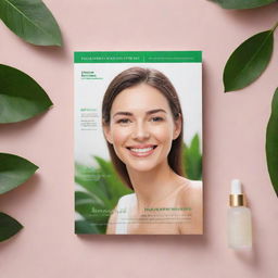 Generate a brochure featuring high-quality images of botanical extracts, essential oils, women with glowing skin, under the tagline 'Discover Radiant Beauty with Her Skin By Kath Melendez'.