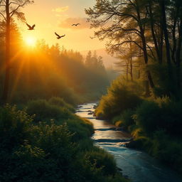 A serene landscape depicting a tranquil forest at sunset, with golden sunlight filtering through the trees, creating dappled shadows on a gentle stream flowing through lush greenery