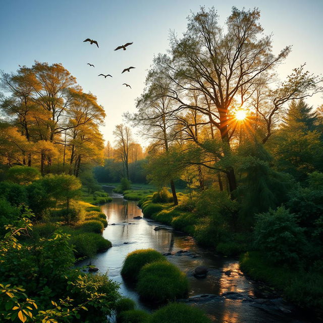 A serene landscape depicting a tranquil forest at sunset, with golden sunlight filtering through the trees, creating dappled shadows on a gentle stream flowing through lush greenery