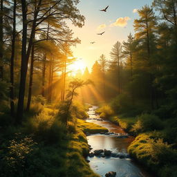 A serene landscape depicting a tranquil forest at sunset, with golden sunlight filtering through the trees, creating dappled shadows on a gentle stream flowing through lush greenery